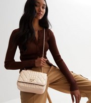 New Look Cream Quilted Leather-Look Chain Strap Cross Body Bag